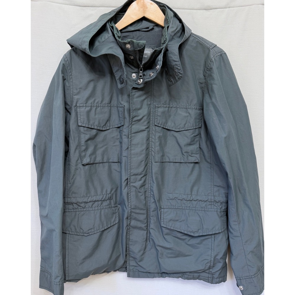 Gap Mens Fall Fatigue Utility Jacket Blue Slate Gray Hooded Field Coat Medium